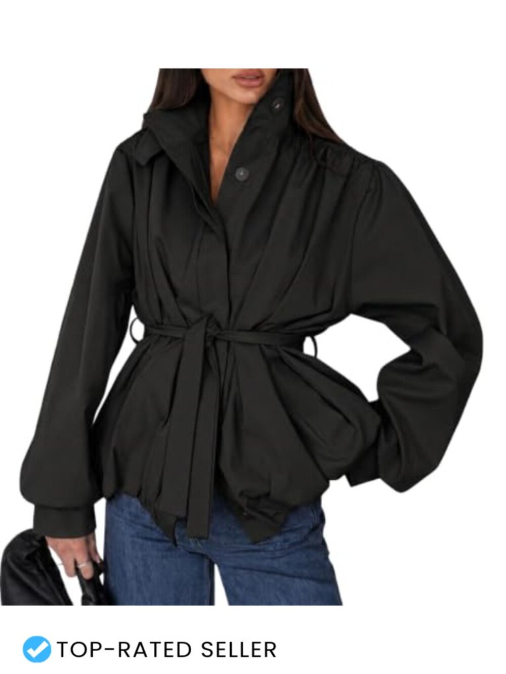 Womens Lightweight Belted Trench Coat Button Down Puff Sleeve Casual Jacket